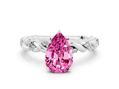 White gold Pear Cut Pink Sapphire Solitaire Ring with Twisted Band and Pavé Accents