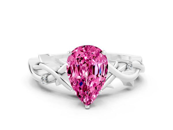 White gold Pear Cut Pink Sapphire Solitaire Ring with Twisted Band and Prong Setting