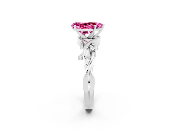 White gold Pear Cut Pink Sapphire Solitaire Ring with Twisted Band and Prong Setting