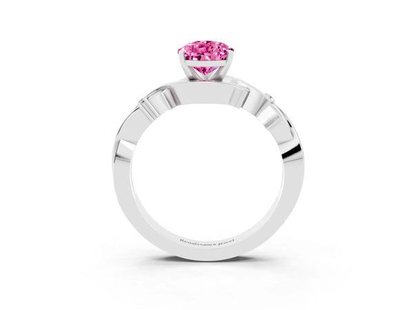 White gold Pear Cut Pink Sapphire Solitaire Ring with Twisted Band and Prong Setting