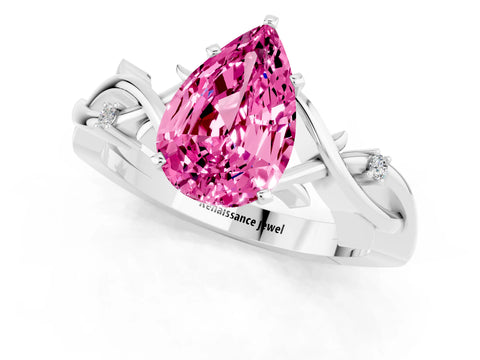 White gold Pear Cut Pink Sapphire Solitaire Ring with Twisted Band and Prong Setting_1