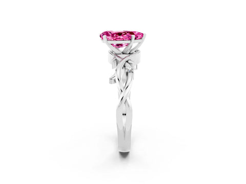White gold Pear Cut Pink Sapphire Solitaire Ring with Twisted Band and Prong Setting_2