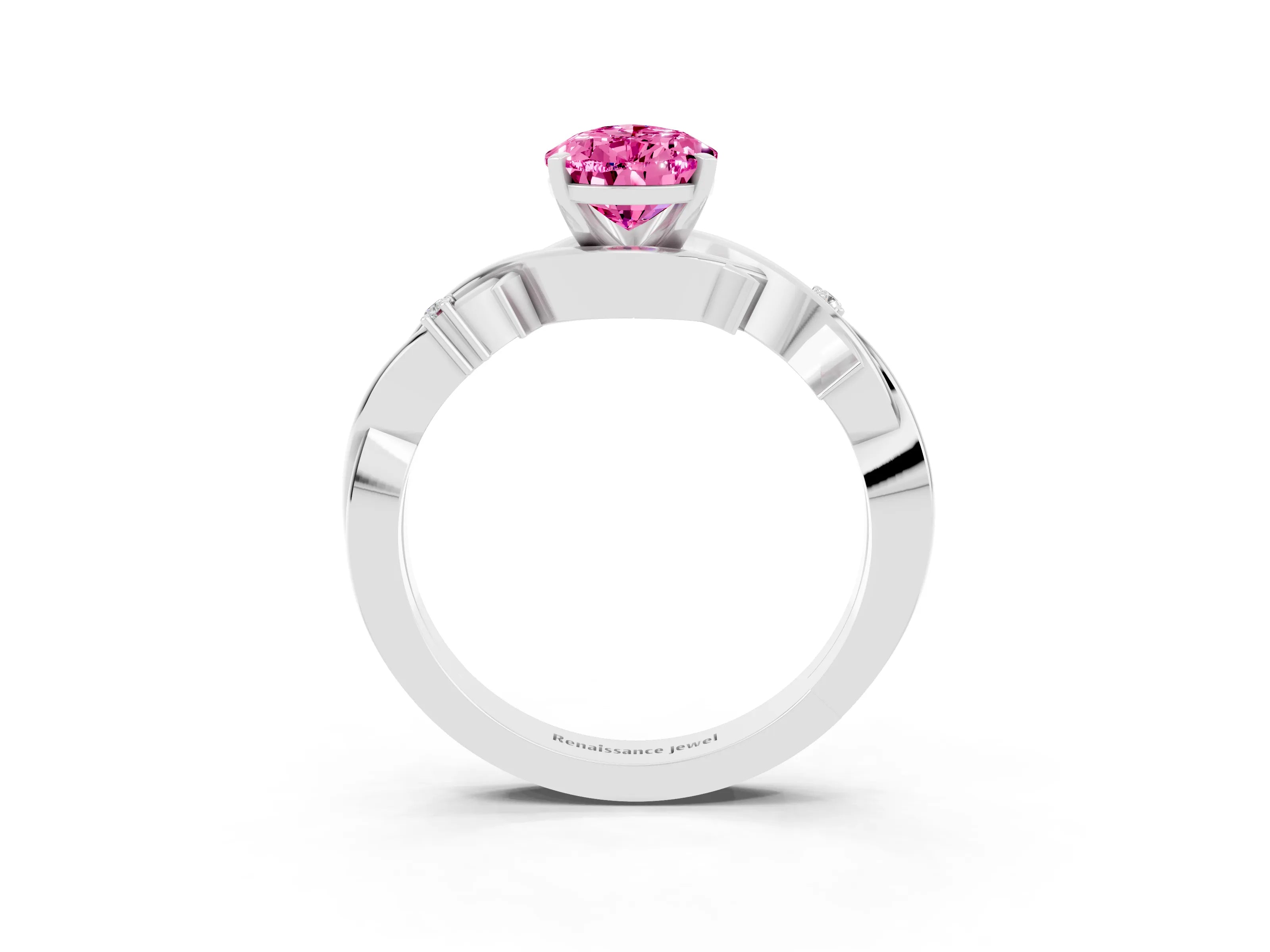 White gold Pear Cut Pink Sapphire Solitaire Ring with Twisted Band and Prong Setting_3
