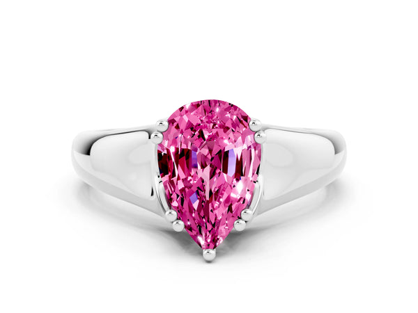 White gold Pear Cut Pink Sapphire Solitaire Ring with Wide Band and Prong Setting
