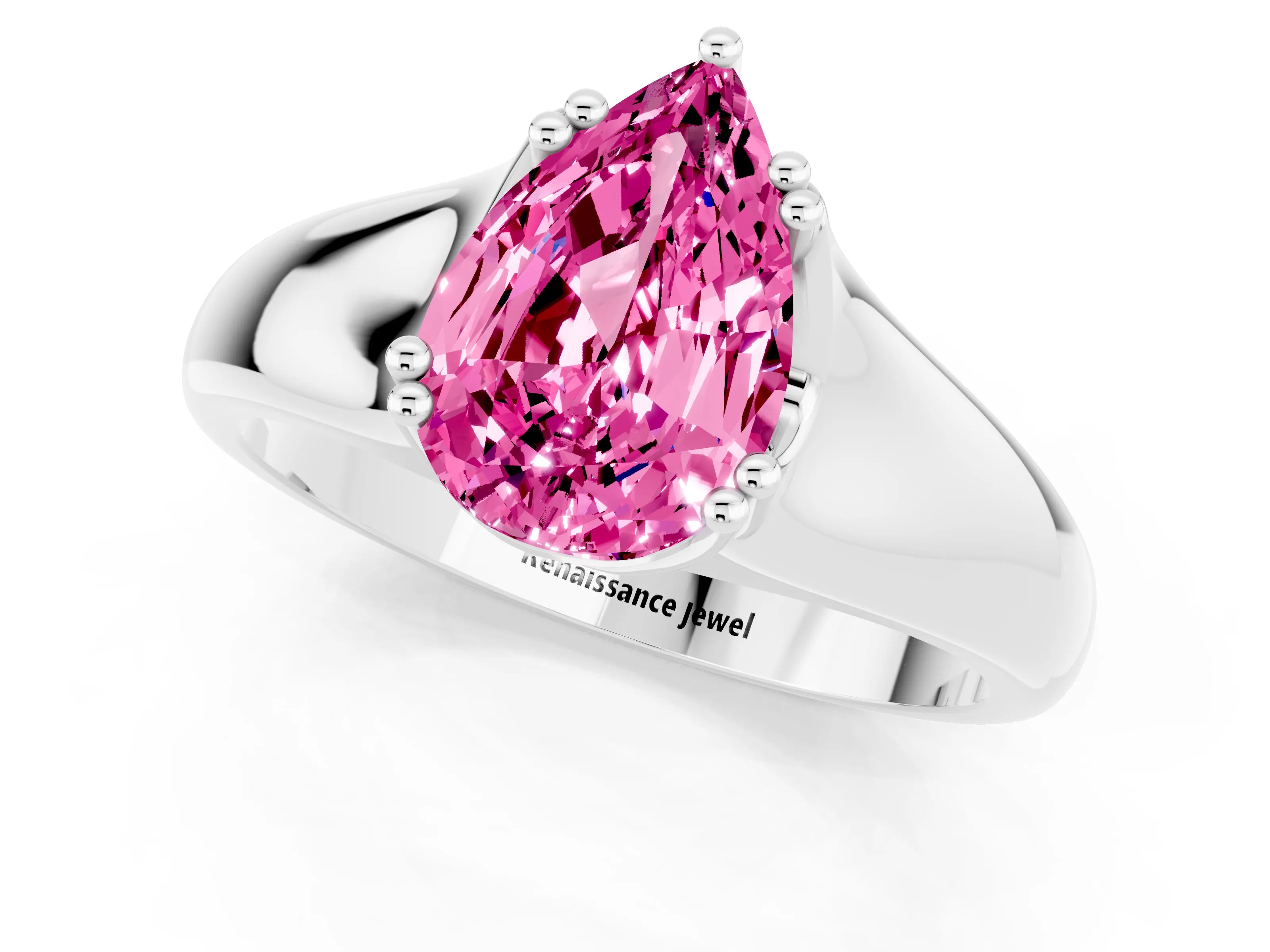 White gold Pear Cut Pink Sapphire Solitaire Ring with Wide Band and Prong Setting_25