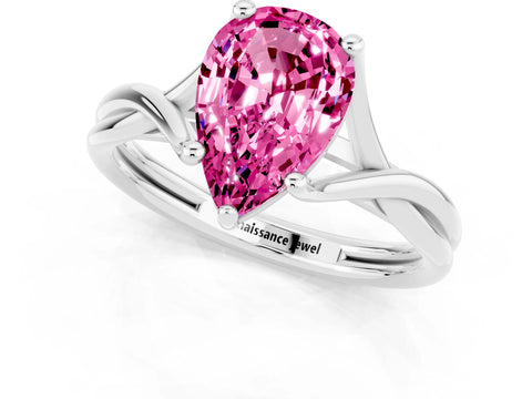 White gold Pear Cut Pink Sapphire Solitaire Twist Band Prong Setting Ring_97