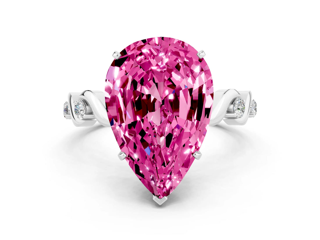 White gold Pear Cut Pink Sapphire Solitaire Twisted Band with Round  Accents and Prong Setting_12