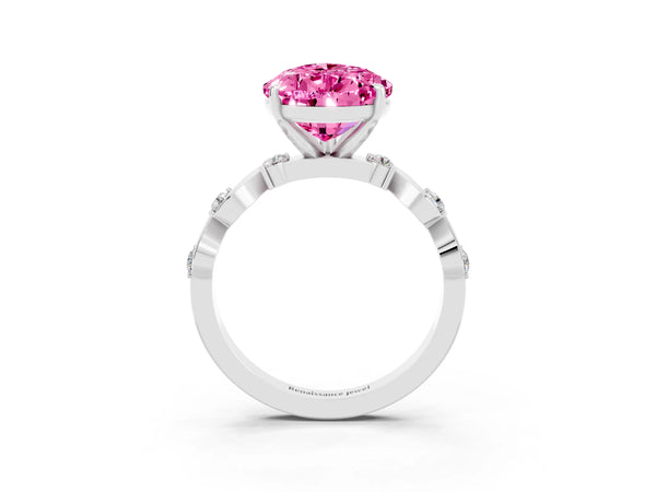 Platinum Pear Cut Pink Sapphire Solitaire Twisted Band with Round  Accents and Prong Setting