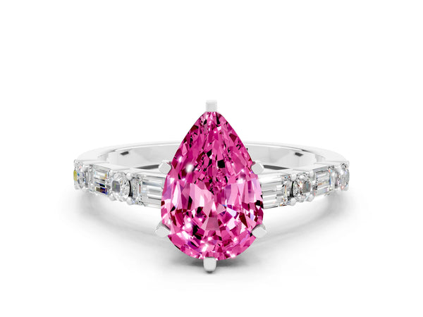 Platinum Pear Cut Pink Sapphire Solitaire with Side Baguettes and Channel Set Band