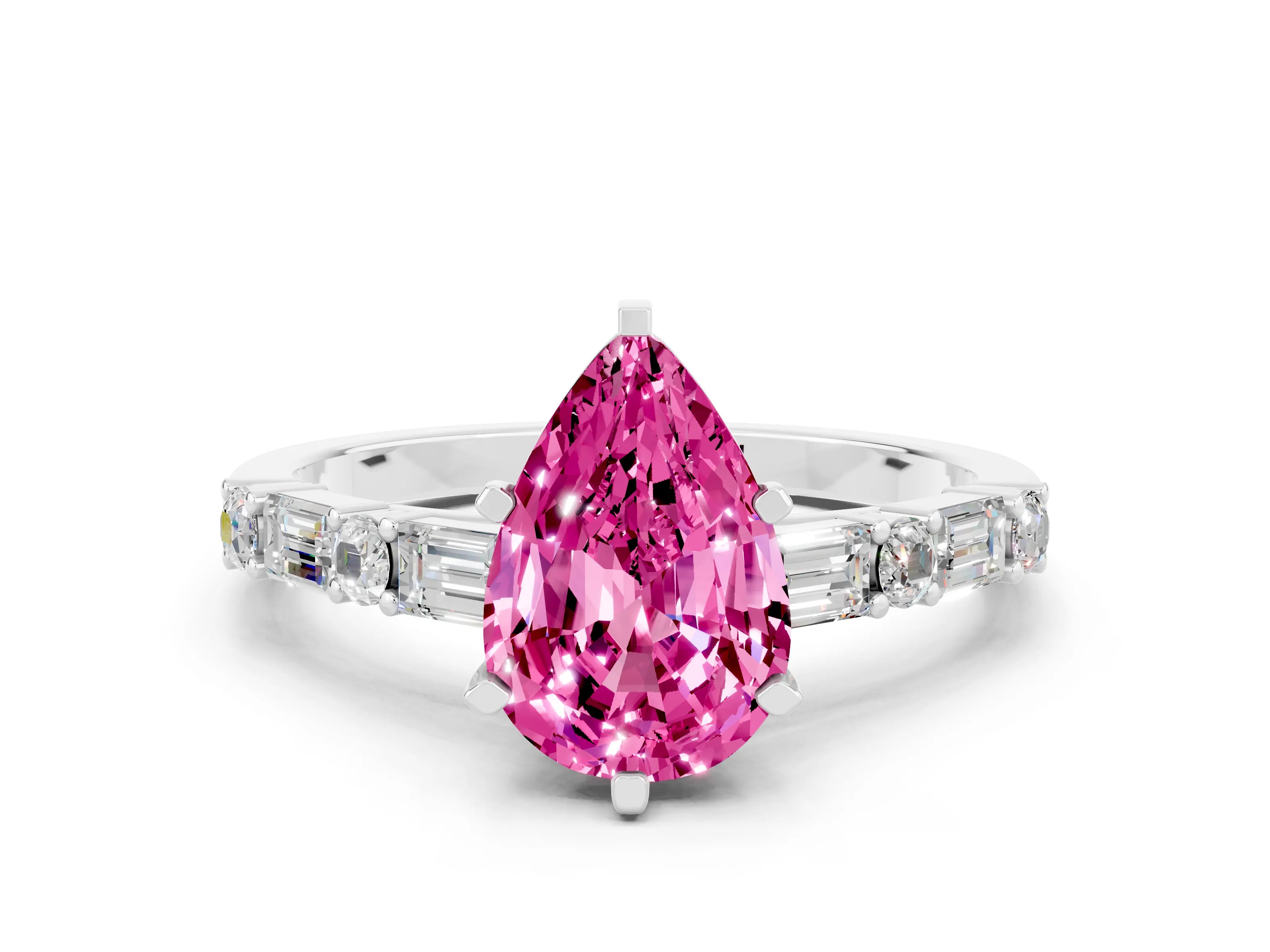 White gold Pear Cut Pink Sapphire Solitaire with Side Baguettes and Channel Set Band_24