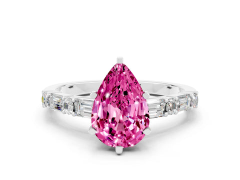 White gold Pear Cut Pink Sapphire Solitaire with Side Baguettes and Channel Set Band_24
