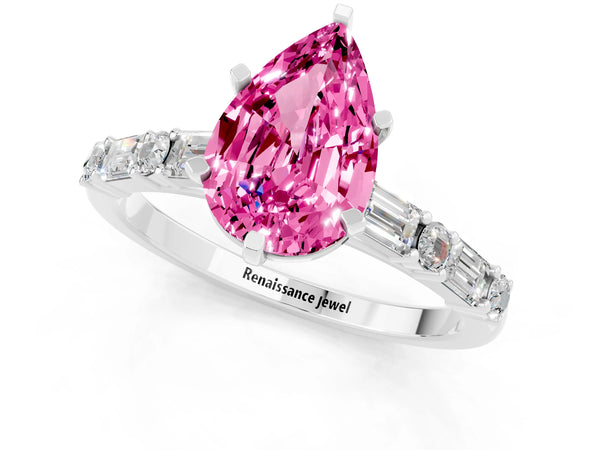 Silver Pear Cut Pink Sapphire Solitaire with Side Baguettes and Channel Set Band