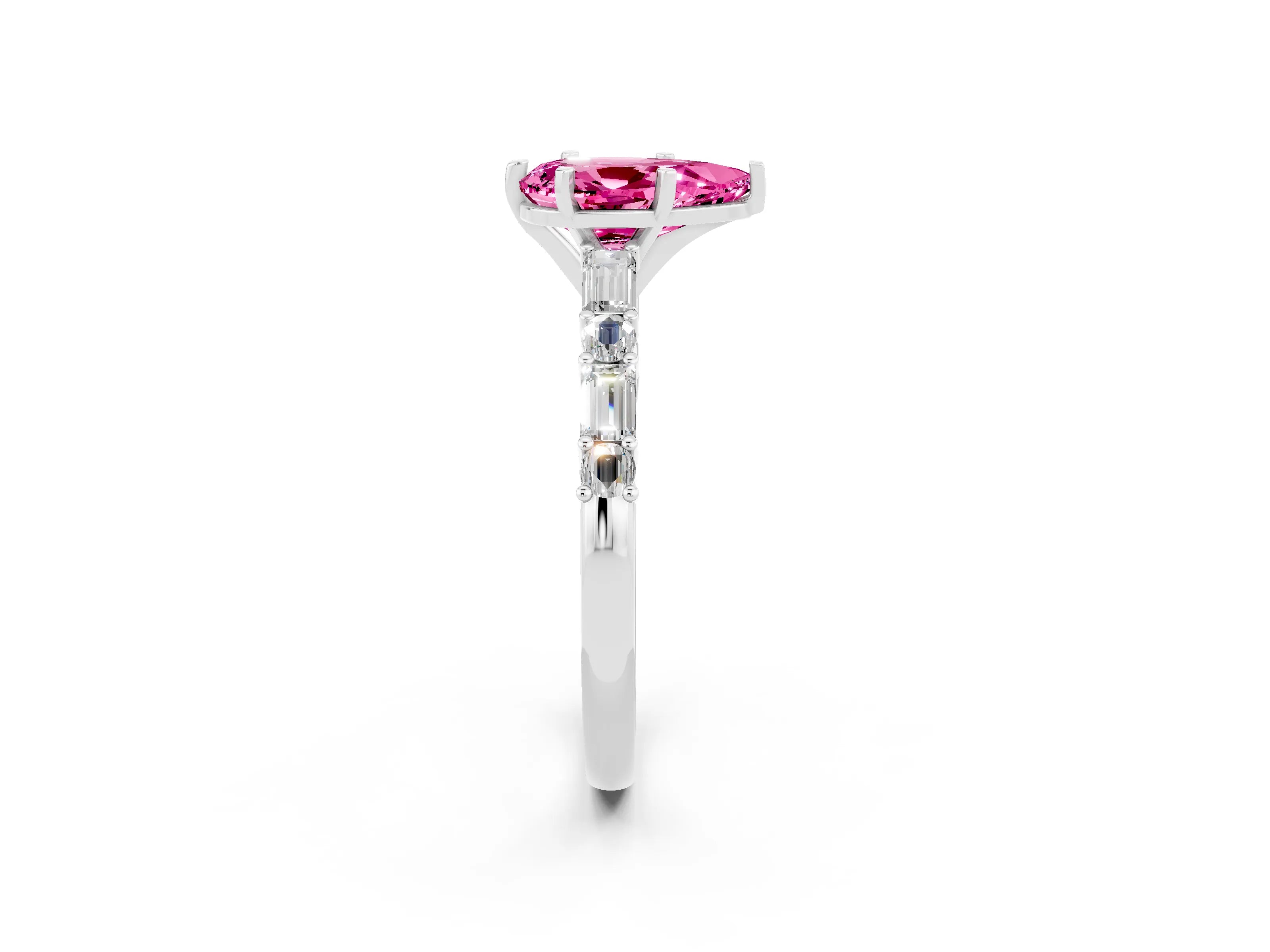 White gold Pear Cut Pink Sapphire Solitaire with Side Baguettes and Channel Set Band_26
