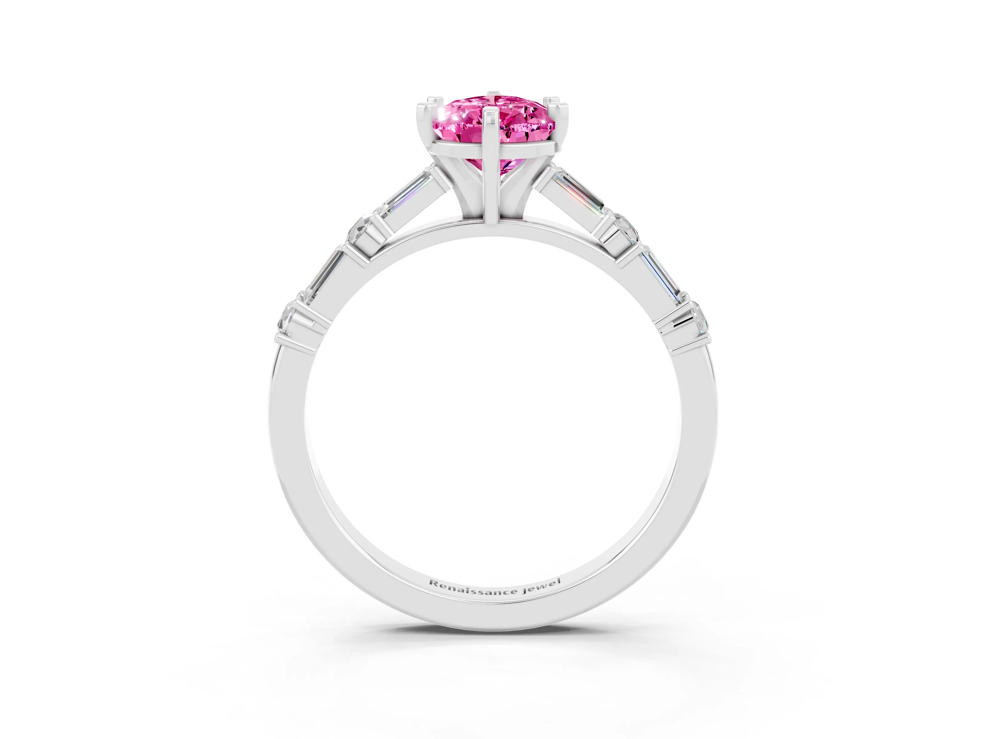 White gold Pear Cut Pink Sapphire Solitaire with Side Baguettes and Channel Set Band_27