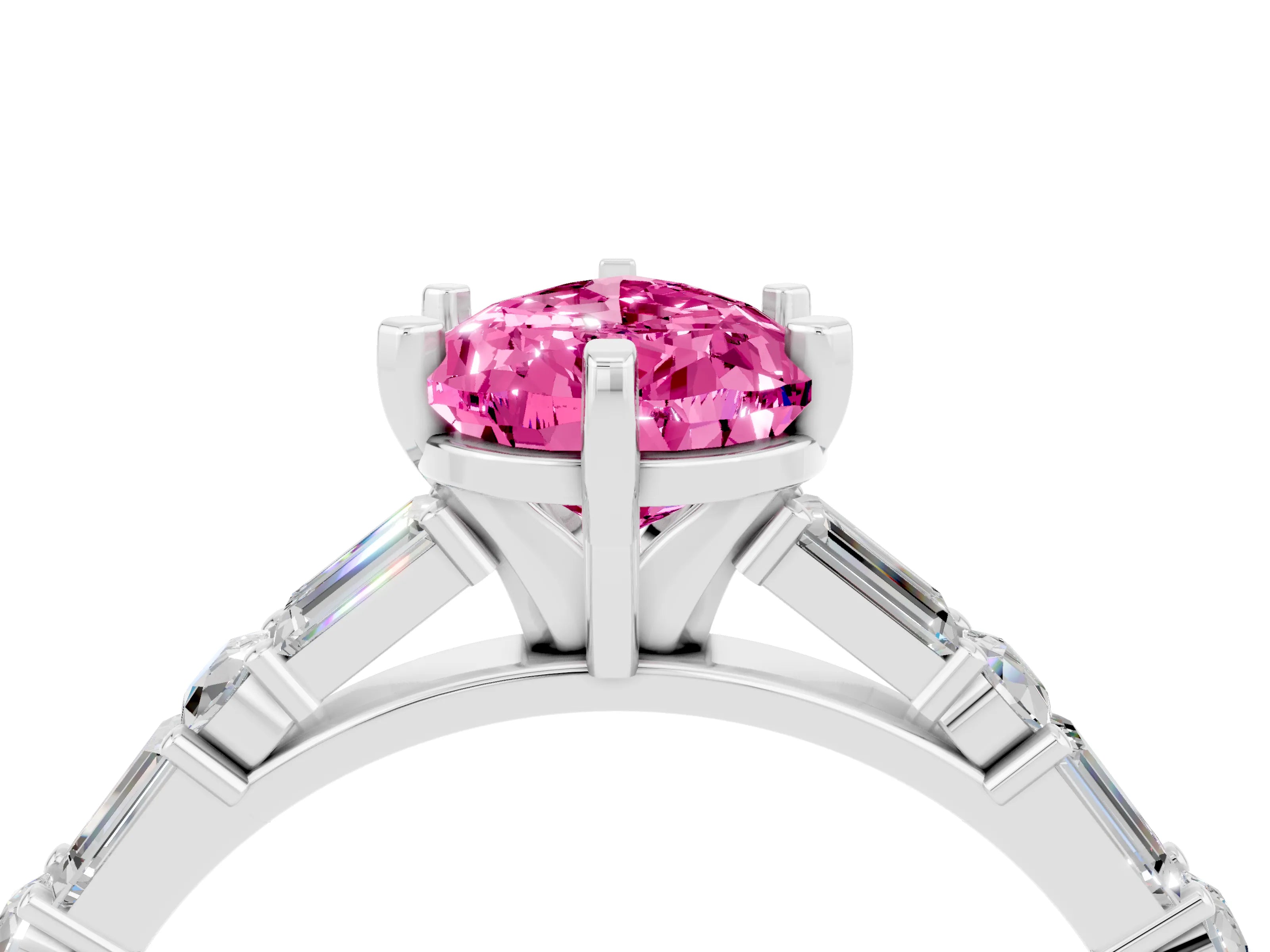 White gold Pear Cut Pink Sapphire Solitaire with Side Baguettes and Channel Set Band_28