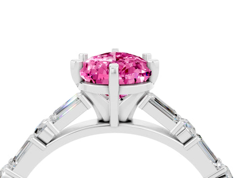 White gold Pear Cut Pink Sapphire Solitaire with Side Baguettes and Channel Set Band_28