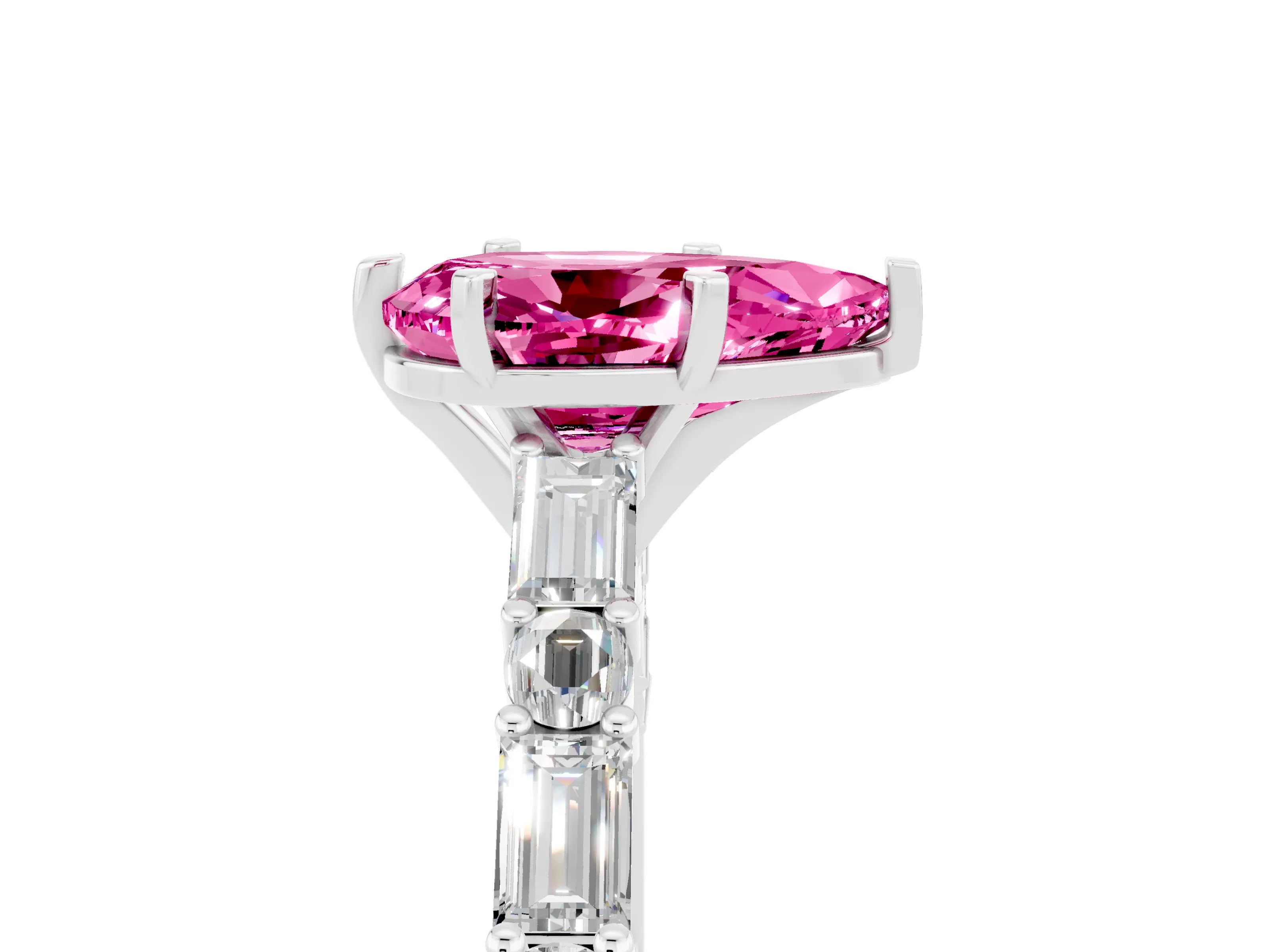 White gold Pear Cut Pink Sapphire Solitaire with Side Baguettes and Channel Set Band_29