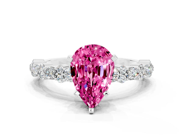 Silver Pear Cut Pink Sapphire Side Stone Solitaire Ring with Round  and Four-Prong Setting