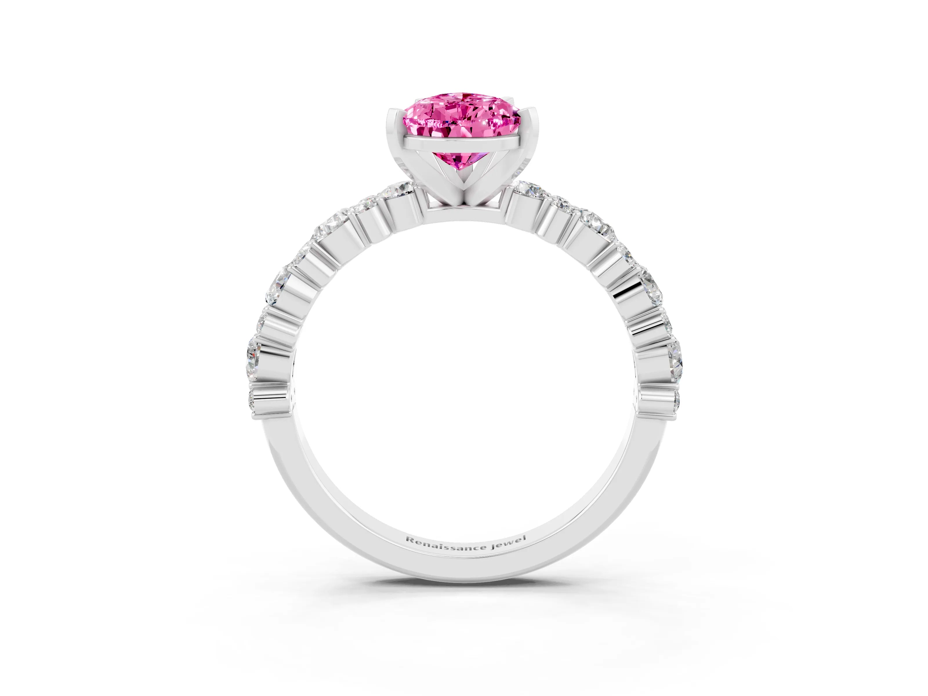 White gold Pear Cut Pink Sapphire Solitaire with Side Stones, Pave Band, Four-Prong Setting_75