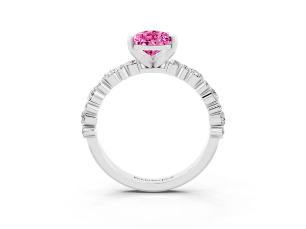 Silver Pear Cut Pink Sapphire Side Stone Solitaire Ring with Round  and Four-Prong Setting