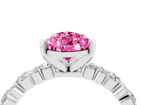 White gold Pear Cut Pink Sapphire Solitaire with Side Stones, Pave Band, Four-Prong Setting_76