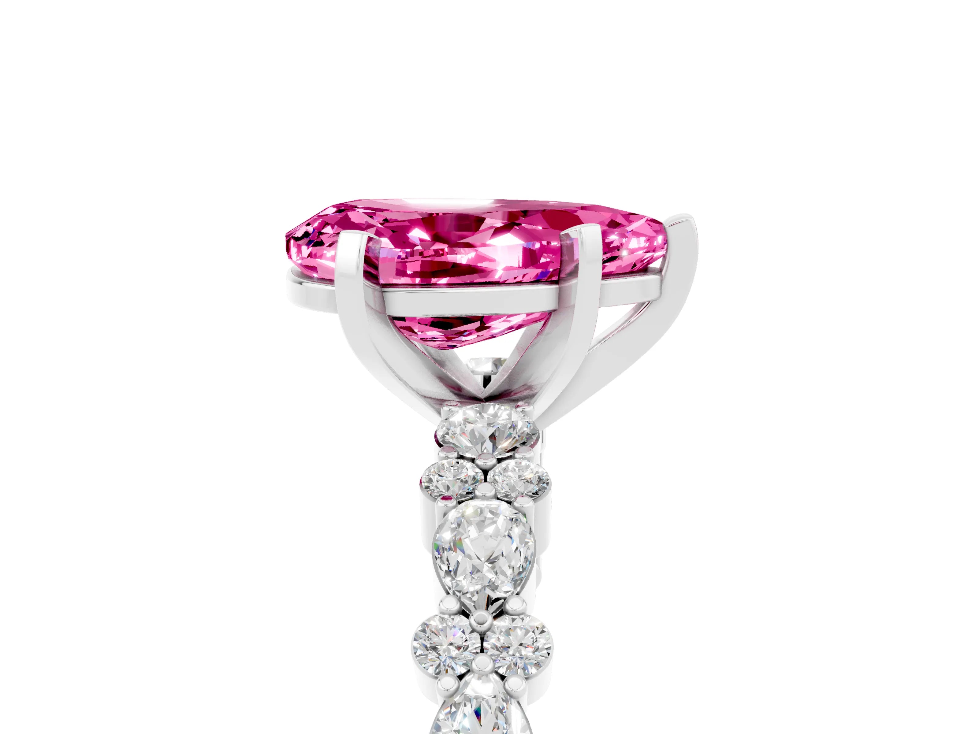 White gold Pear Cut Pink Sapphire Solitaire with Side Stones, Pave Band, Four-Prong Setting_77