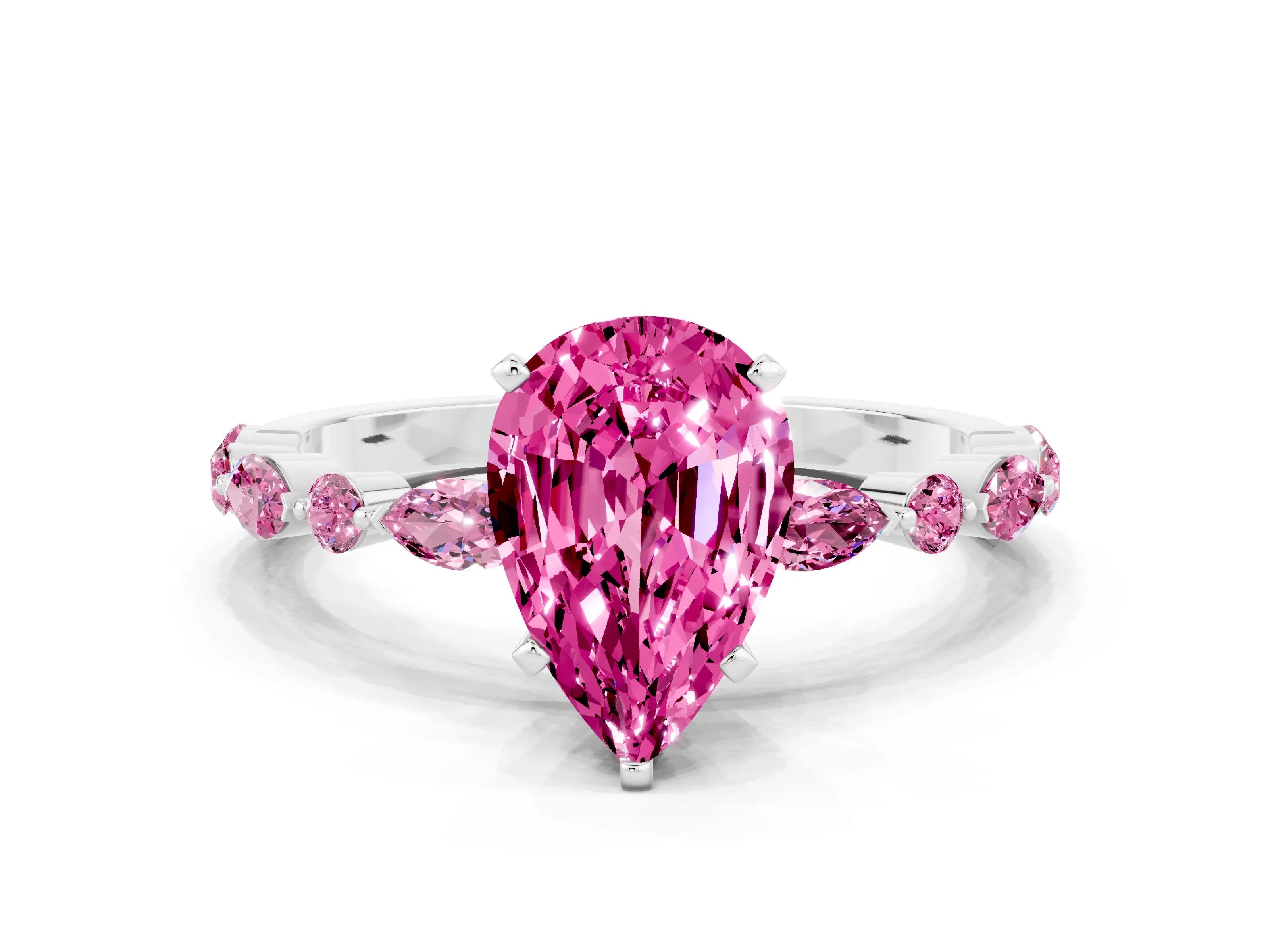 White gold Pear Cut Pink Sapphire Solitaire with Side Stones on a Pavé Band and Four-Prong Setting