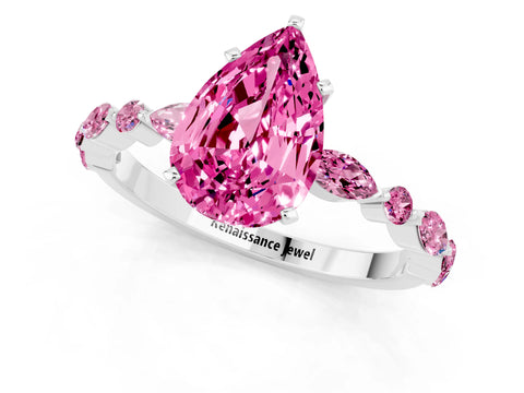 White gold Pear Cut Pink Sapphire Solitaire with Side Stones on a Pavé Band and Four-Prong Setting_1