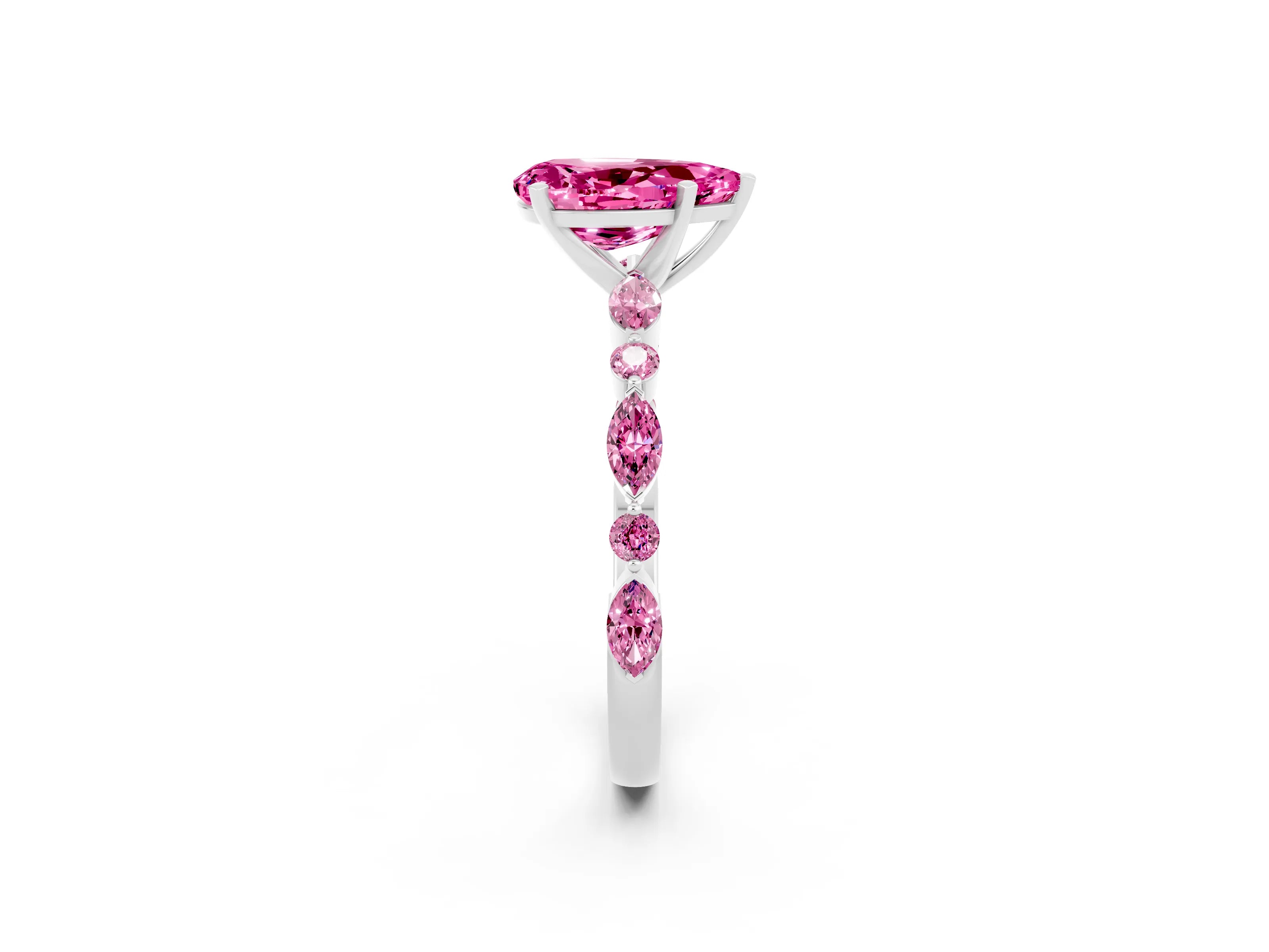 White gold Pear Cut Pink Sapphire Solitaire with Side Stones on a Pavé Band and Four-Prong Setting_2