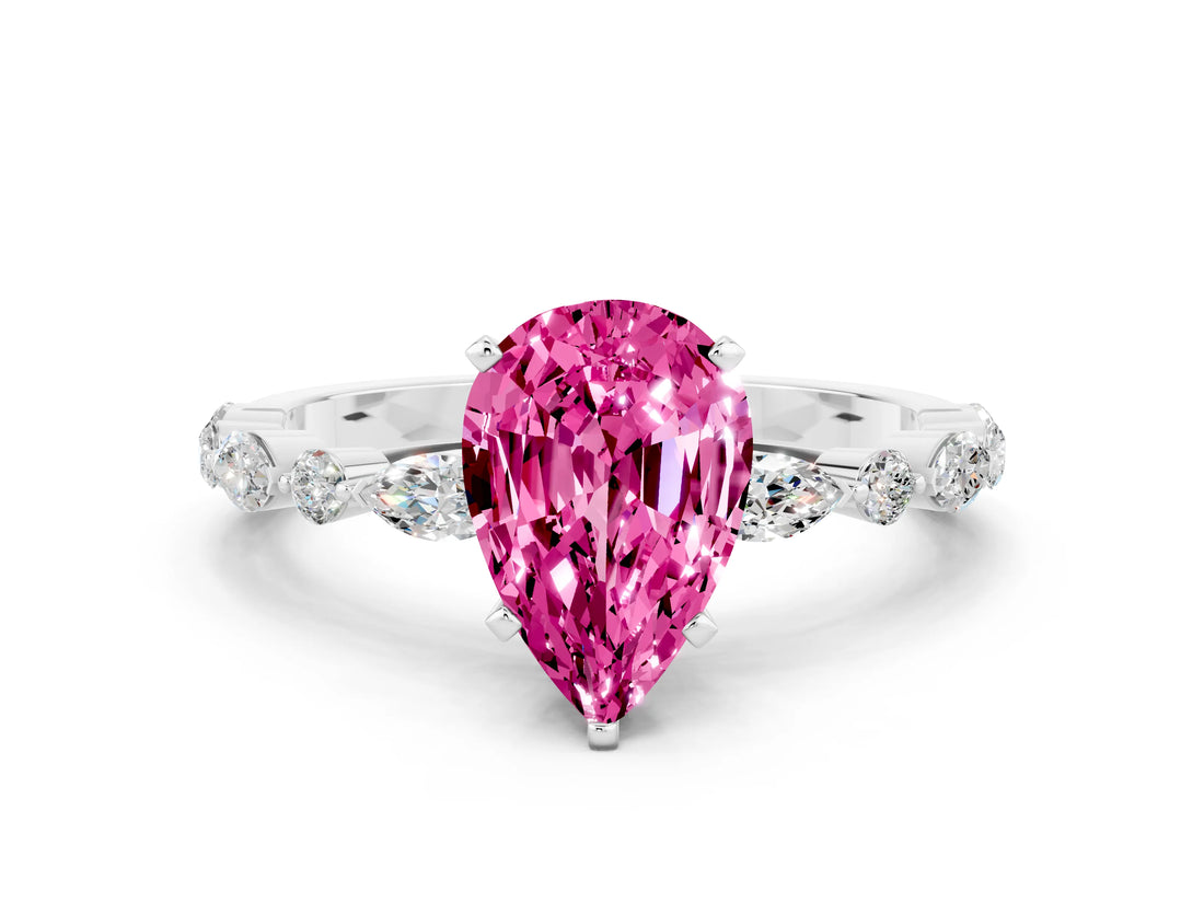 White gold Pear Cut Pink Sapphire Solitaire with Side Stones on a Pavé Band and Four-Prong Setting_24