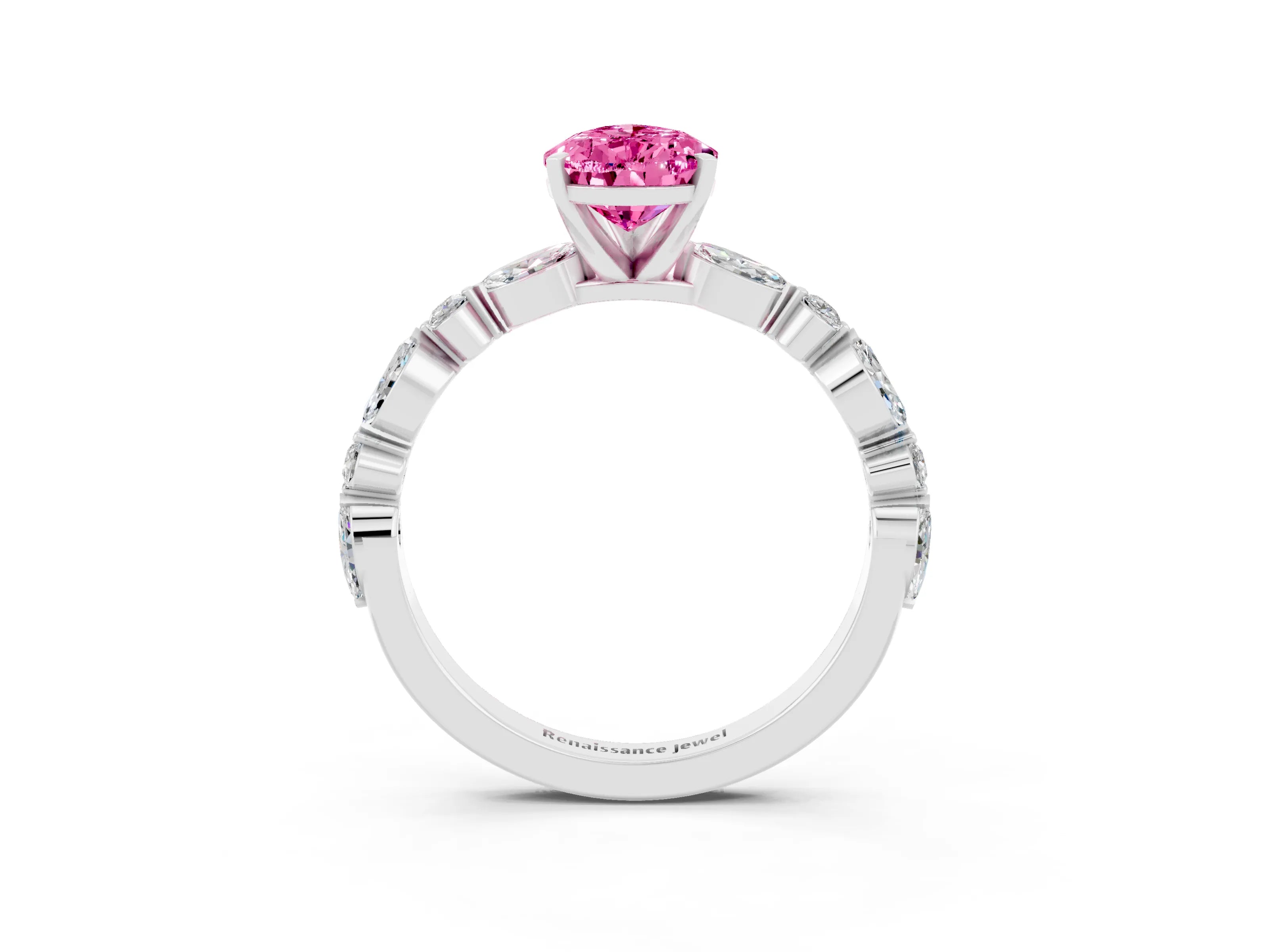White gold Pear Cut Pink Sapphire Solitaire with Side Stones on a Pavé Band and Four-Prong Setting_27