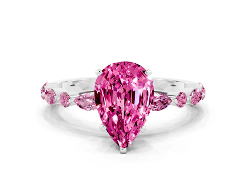 White gold Pear Cut Pink Sapphire Solitaire with Side Stones on a Pavé Band and Four-Prong Setting