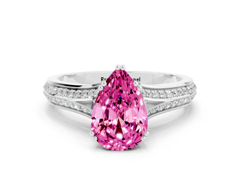 White gold Pear Cut Pink Sapphire Split Shank Engagement Ring with Pavé Band_24
