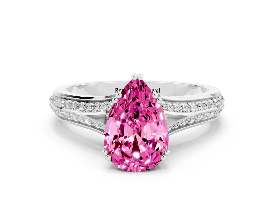 White gold Pear Cut Pink Sapphire Split Shank Engagement Ring with Pavé Band_24