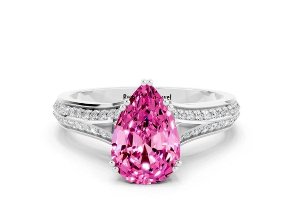 Silver Pear Cut Pink Sapphire Split Shank Engagement Ring with Pavé Band