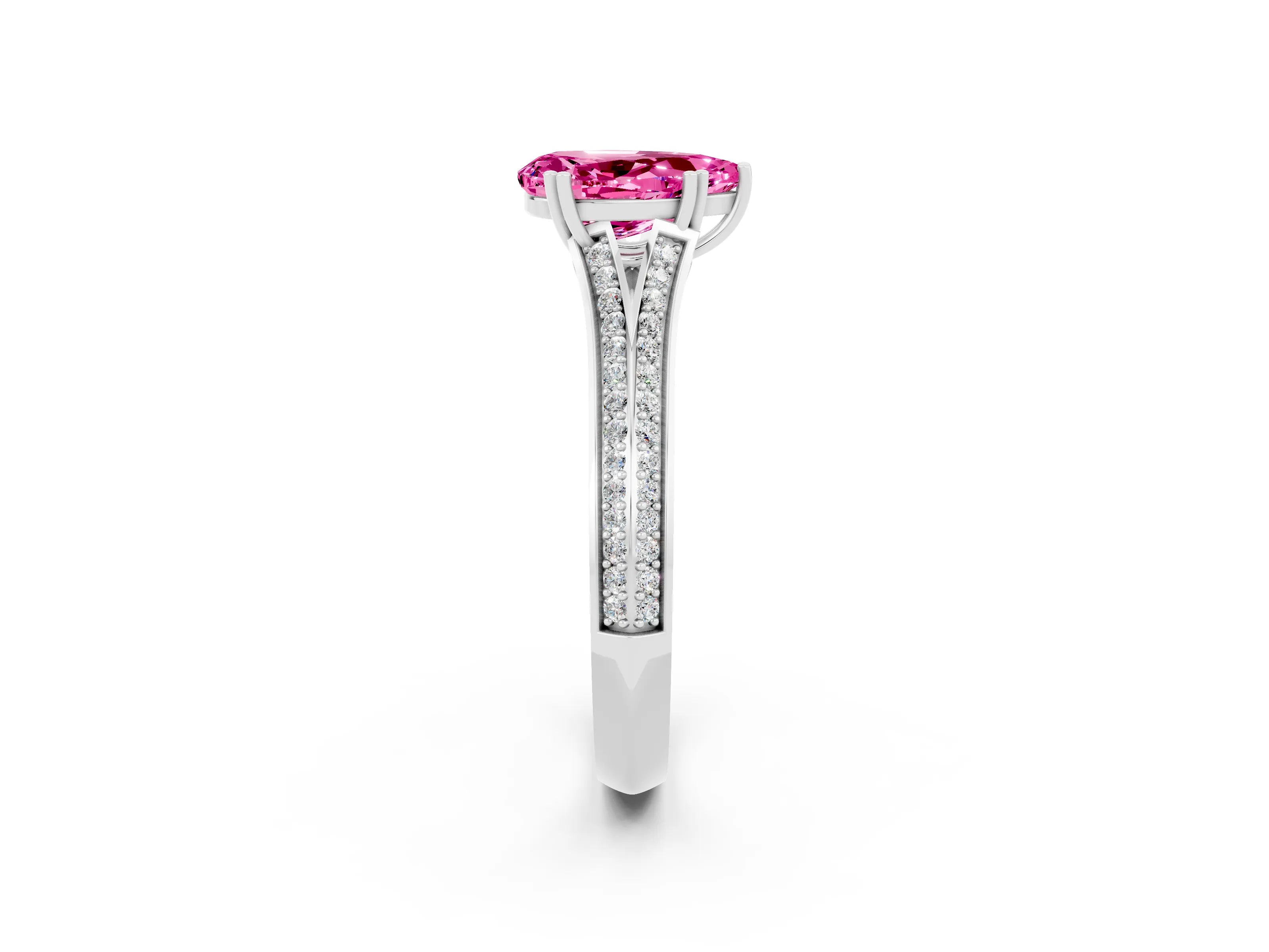 White gold Pear Cut Pink Sapphire Split Shank Engagement Ring with Pavé Band_26