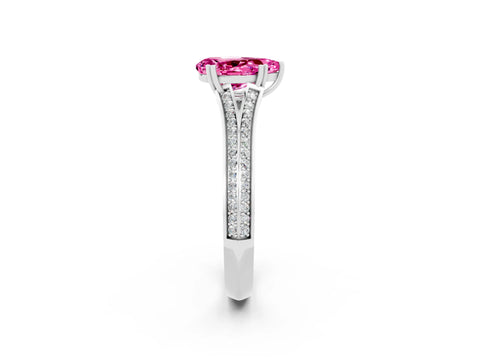 White gold Pear Cut Pink Sapphire Split Shank Engagement Ring with Pavé Band_26