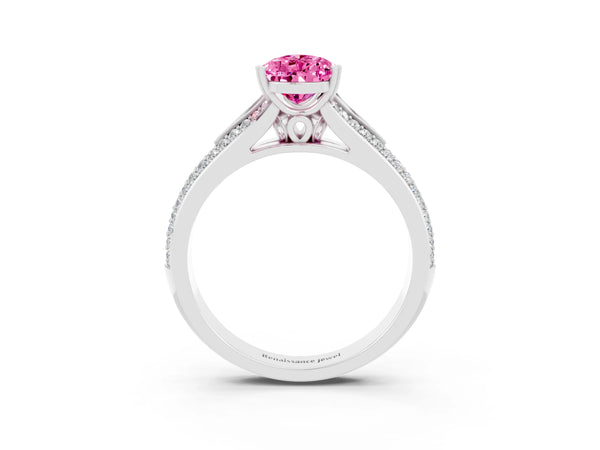 Platinum Pear Cut Pink Sapphire Split Shank Engagement Ring with Pavé Band
