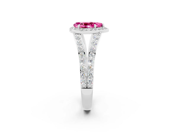 Silver Pear Cut Pink Sapphire Split Shank Halo Ring with Four-Prong Setting