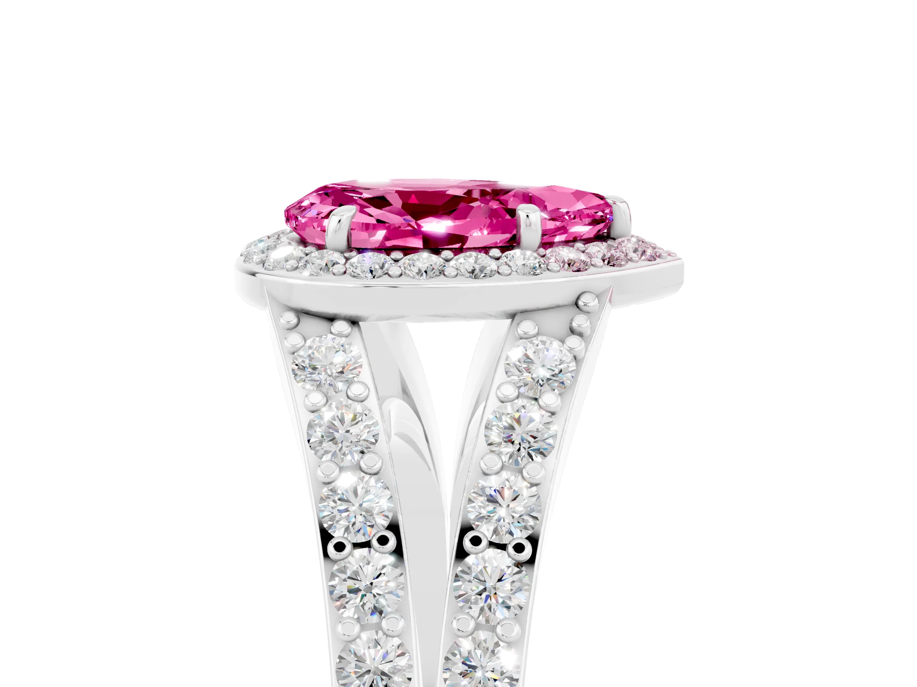 White gold Pear Cut Pink Sapphire Split Shank Halo Ring with Four-Prong Setting_17