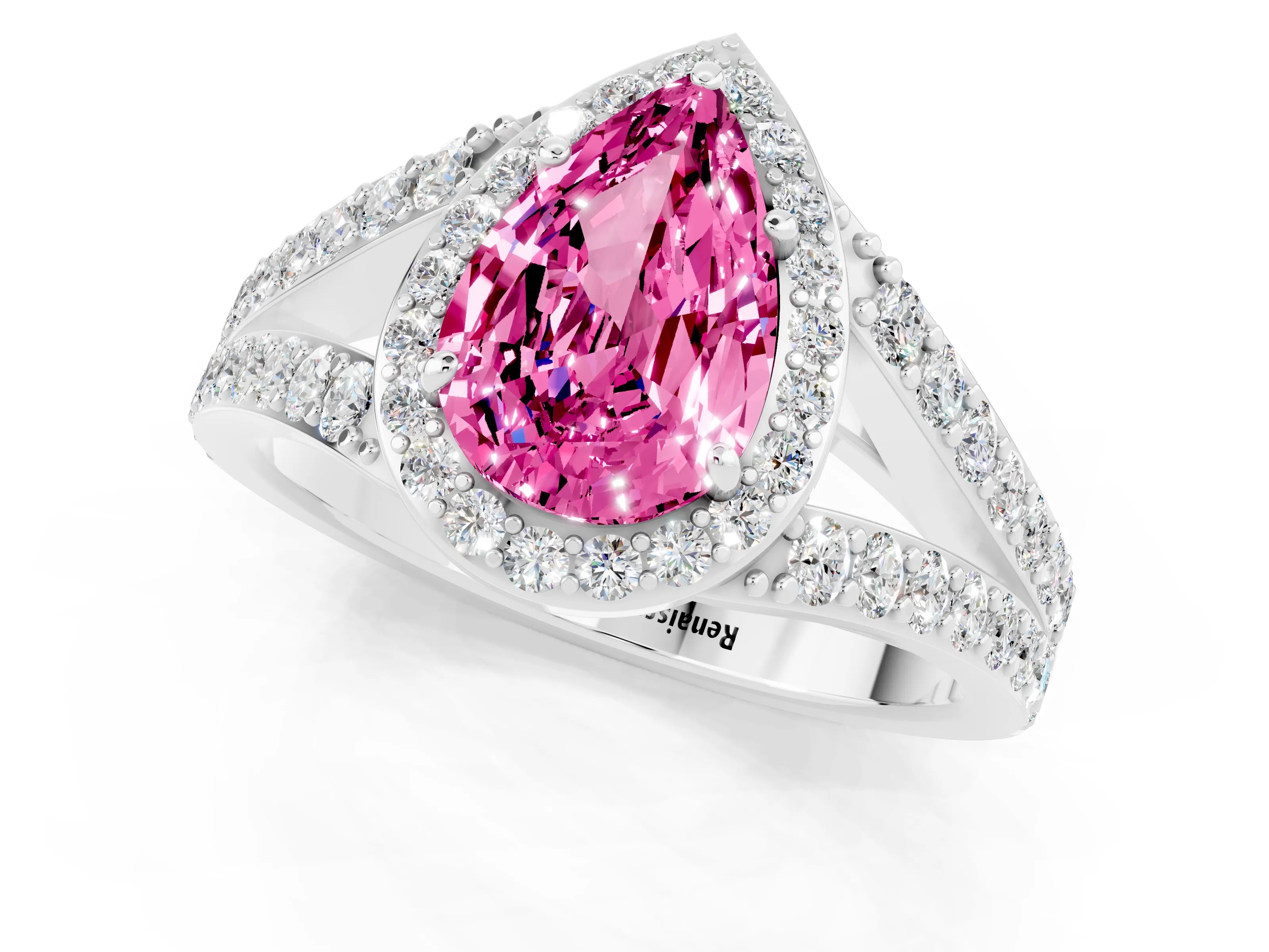 White gold Pear Cut Pink Sapphire Split Shank Halo Ring with Four-Prong Setting_25