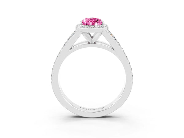 White gold Pear Cut Pink Sapphire Split Shank Halo Ring with Four-Prong Setting