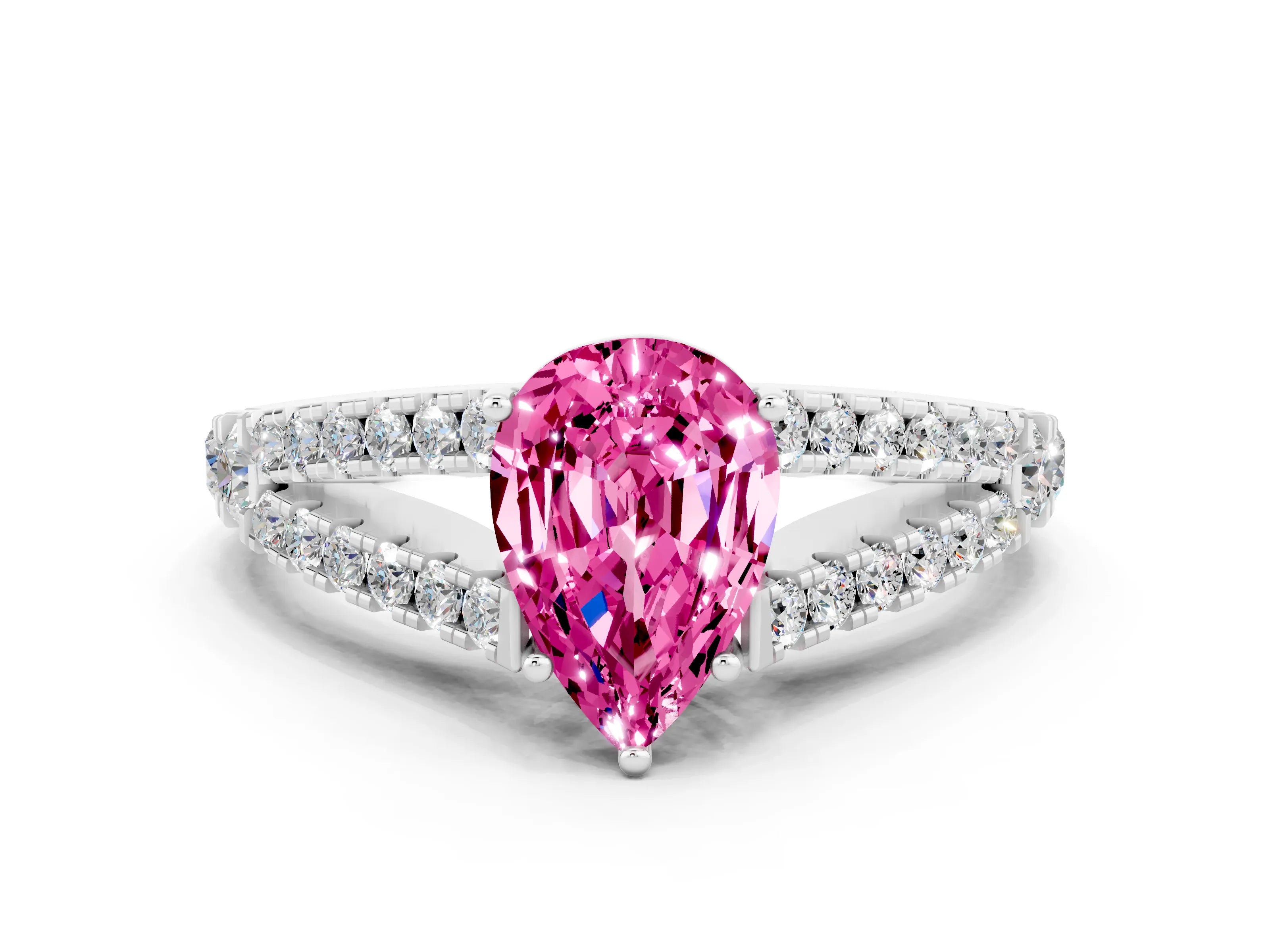 White gold Pear Cut Pink Sapphire Split Shank Pavé Engagement Ring with Four-Prong Setting_12