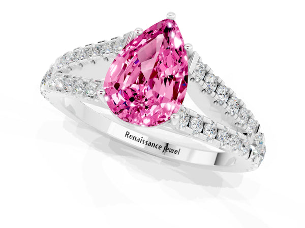 Silver Pear Cut Pink Sapphire Split Shank Pavé Engagement Ring with Four-Prong Setting