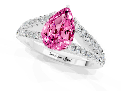 White gold Pear Cut Pink Sapphire Split Shank Pavé Engagement Ring with Four-Prong Setting_13