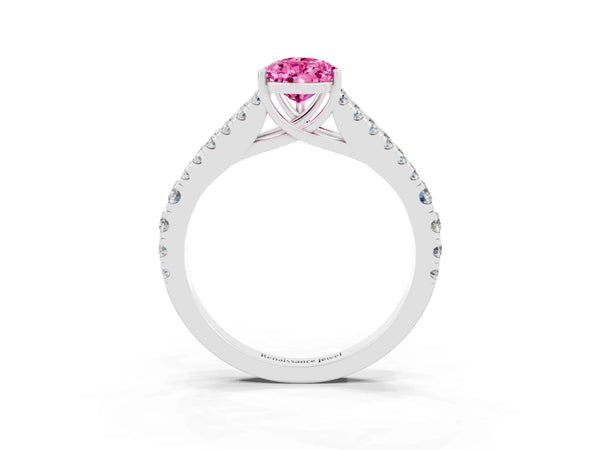 Platinum Pear Cut Pink Sapphire Split Shank Pavé Engagement Ring with Four-Prong Setting