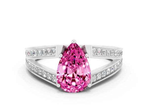 Platinum Pear Cut Pink Sapphire Split Shank Ring with Pavé Band and Four-Prong Setting