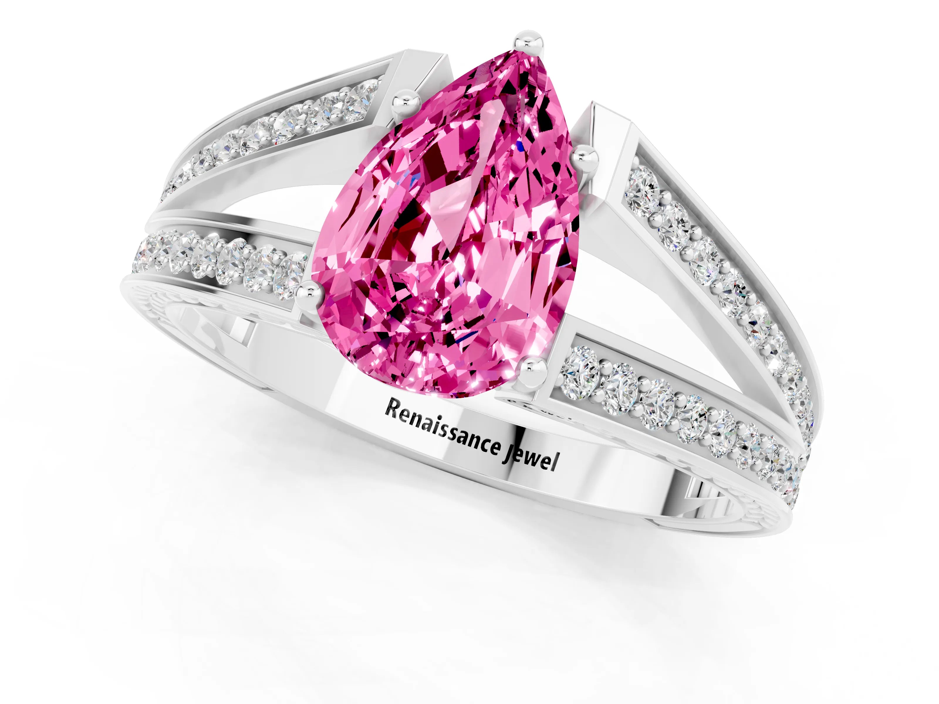 White gold Pear Cut Pink Sapphire Split Shank Ring with Pavé Band and Four-Prong Setting_1