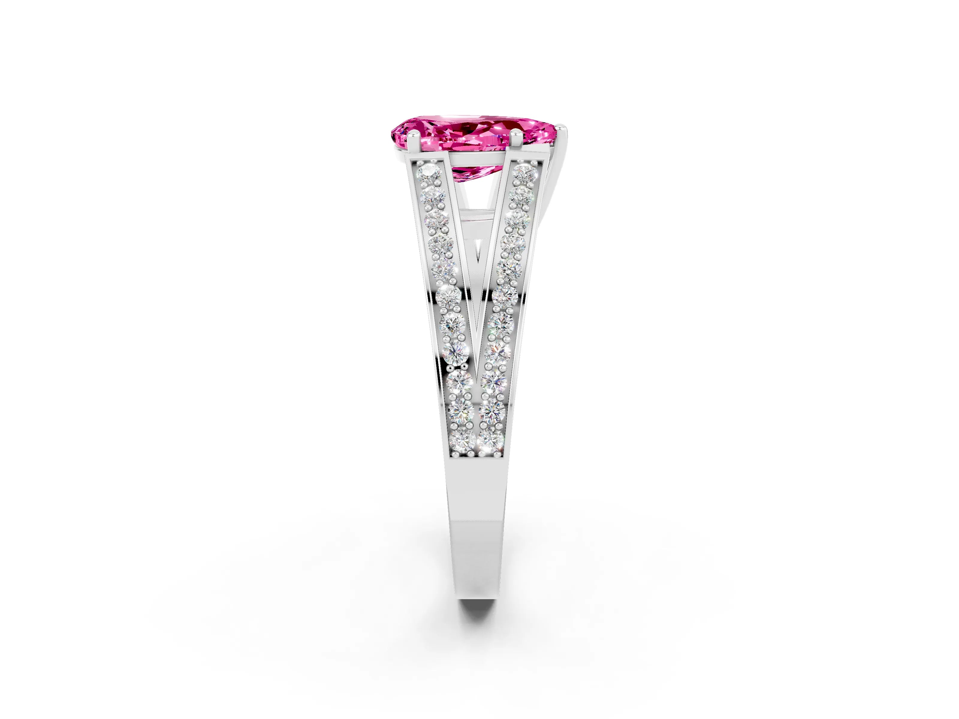 White gold Pear Cut Pink Sapphire Split Shank Ring with Pavé Band and Four-Prong Setting_2