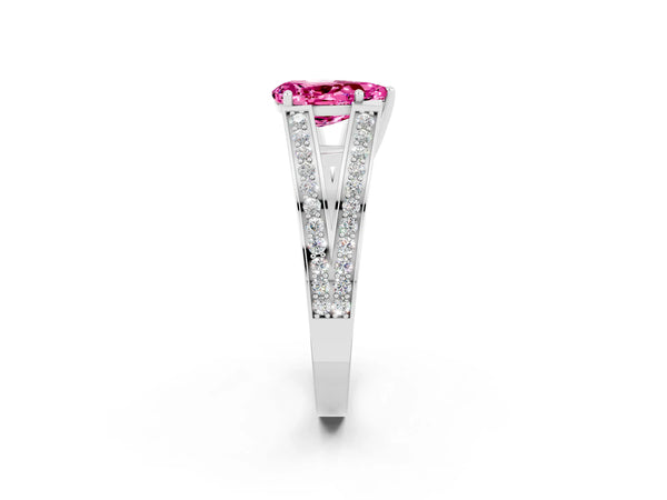 Platinum Pear Cut Pink Sapphire Split Shank Ring with Pavé Band and Four-Prong Setting